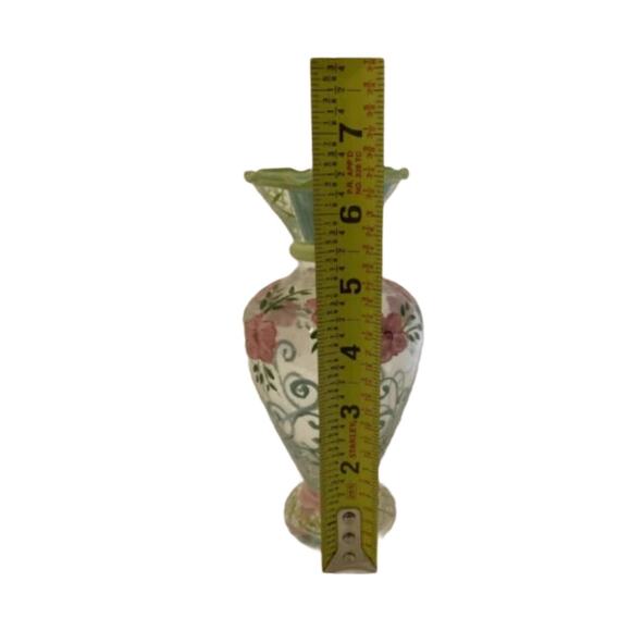 Vintage Tracy Porter Hand-Painted Glass Bud Vase Pink Floral Ruffled Rim 6.5” - Picture 4 of 9